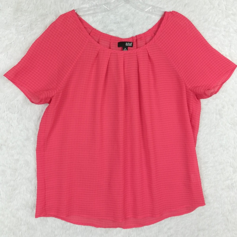 ANA‎ Womens Top Blouse Short Sleeve Coral Sheer Stripe Tie Neck Scoop M